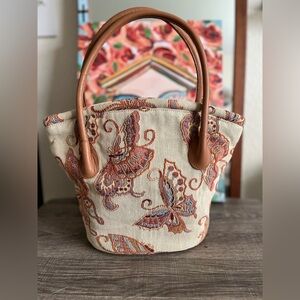 Vintage Butterfly Embroidered Tote Bag with Tan Handles